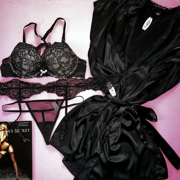 NWT Victoria's Secret racerback 36B BRA SET+garter+thong+short ROBE BLACK lace
